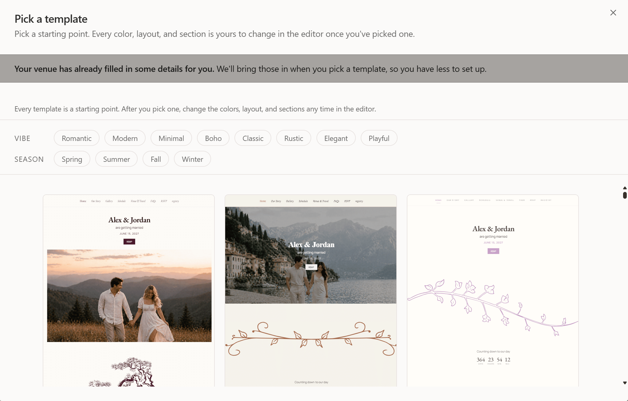 A couple's wedding website built in Seated With Love